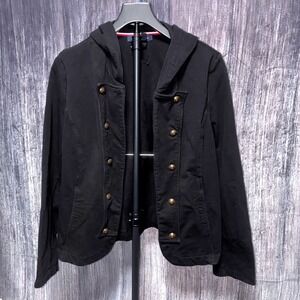 TOMMY‎ HILFIGER Black Army Style Soldier Button Jacket Sweater Collar Womens XL